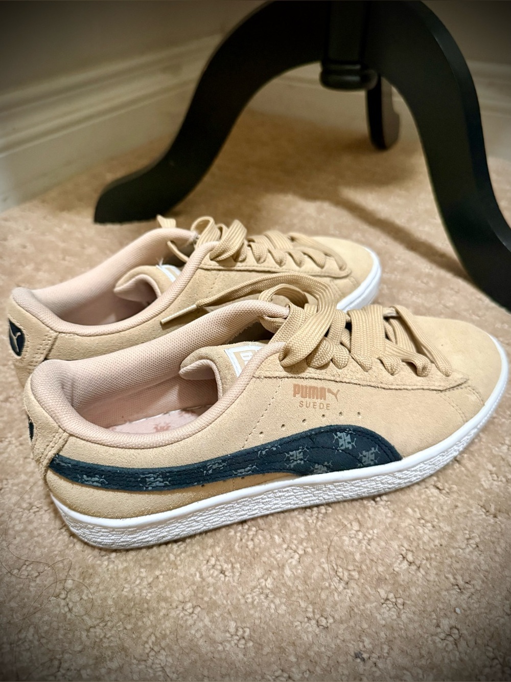 Like New Puma Suede Sneakers in Light Sand with Black Monogram Stripe